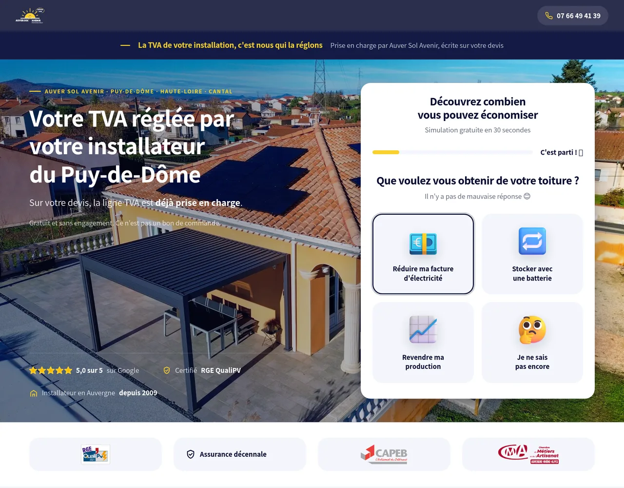 Premier écran de la landing page Auver Sol Avenir