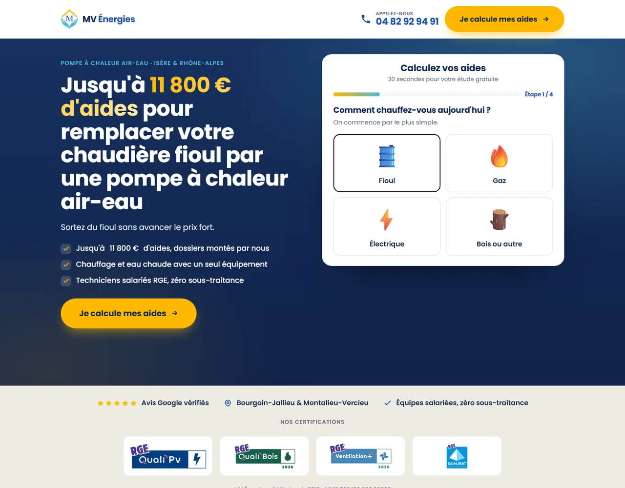 Premier écran de la landing page MV Énergies