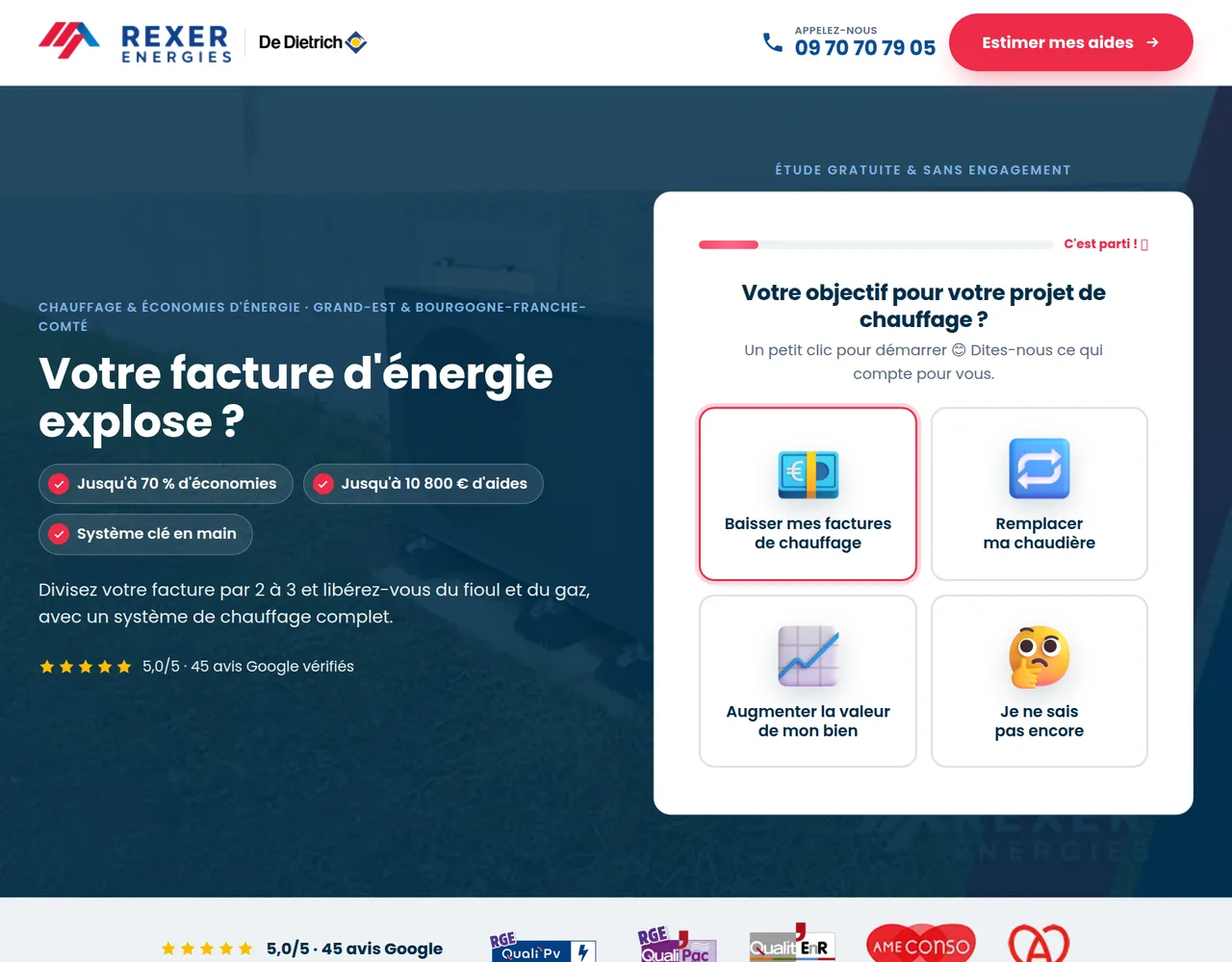 Premier écran de la landing page Rexer Energies
