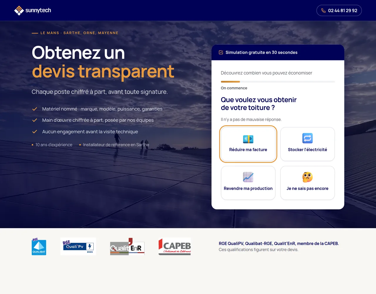 Premier écran de la landing page Sunnytech